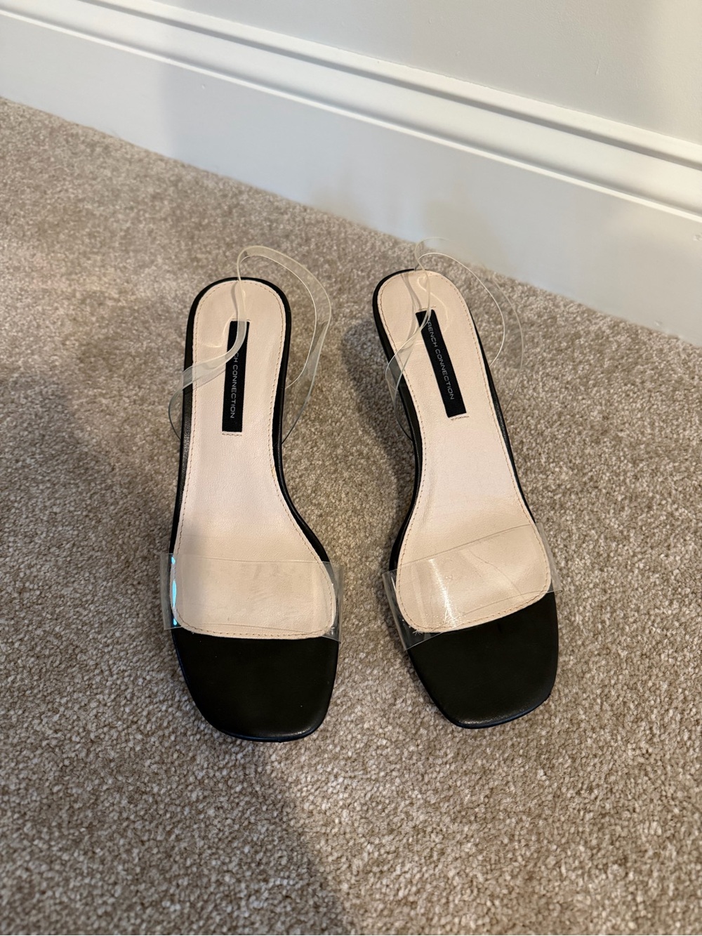 French Connection Black & Nude Clear Strap Slide Heels